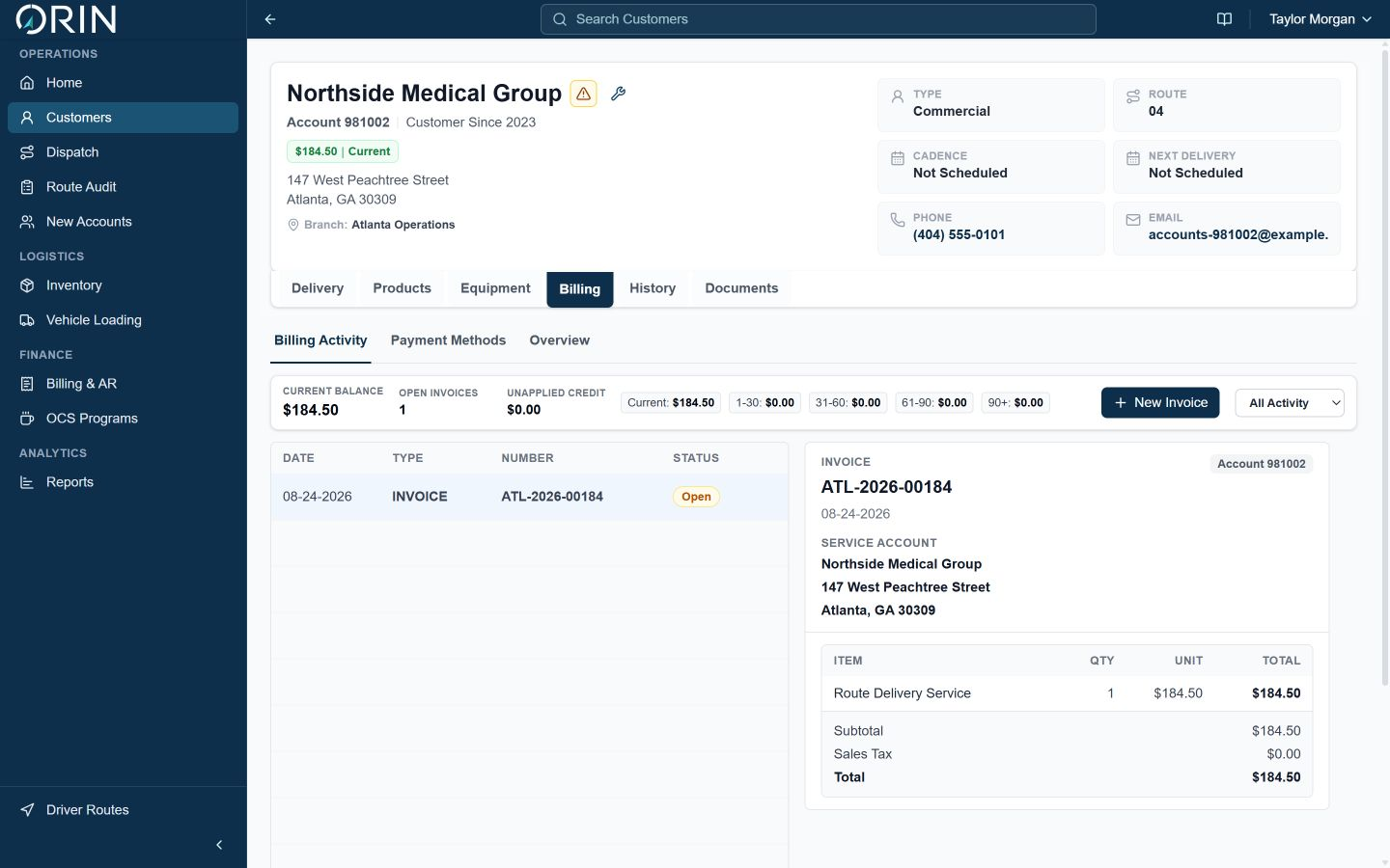 Orin customer profile connecting route context to billing activity and an open synthetic invoice