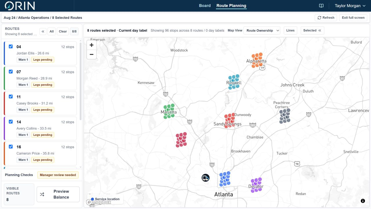 Orin Route Planning showing eight Metro Atlanta routes, mapped stops, and route workload details
